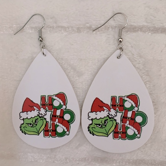 Christmas Grinch Ho Ho Ho White Earrings 2 1/2" - Picture 2 of 3